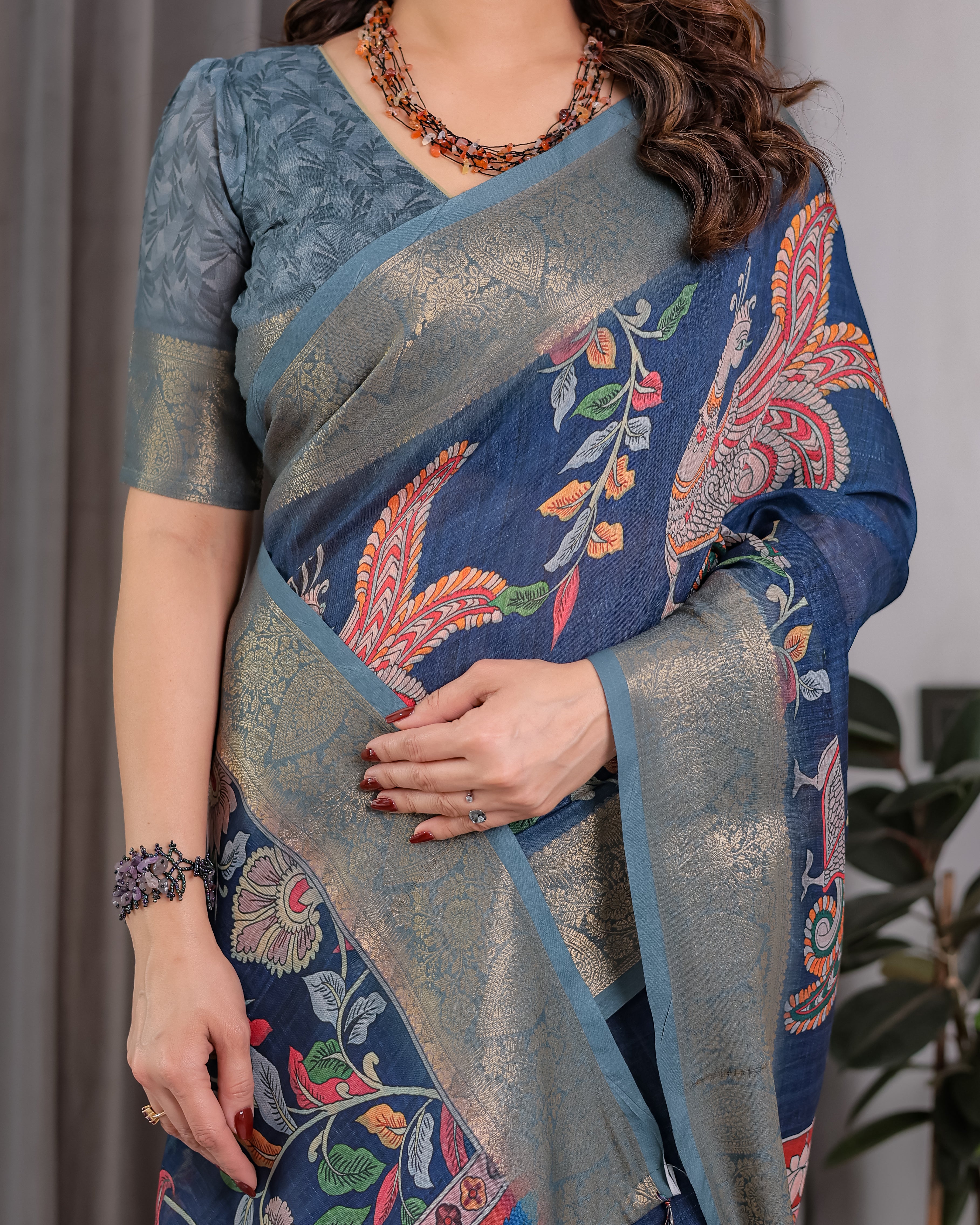 Fabrica Vibe Navy Blue Floral & Bird Print Linen Blend Saree with Antique Gold Zari Border