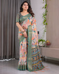Fabrica Vibe Olive Green Tropical Printed Linen Blend Saree with Gold Zari Border