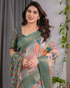 Fabrica Vibe Olive Green Linen Handwoven Printed Saree with Geometric Border