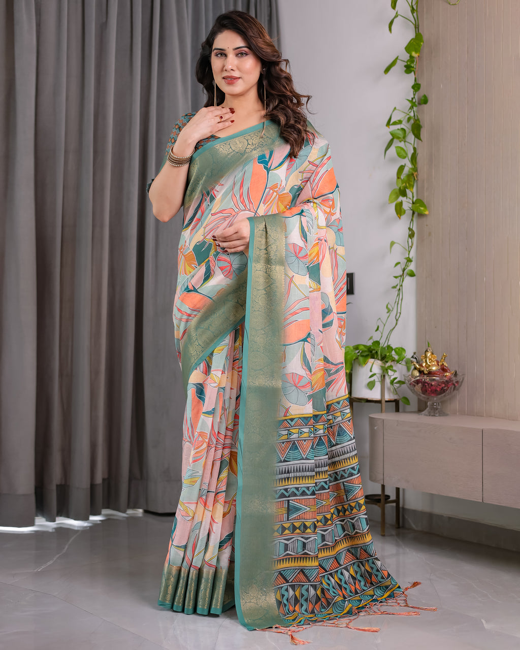 Fabrica Vibe Olive Green Linen Handwoven Printed Saree with Geometric Border