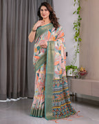 Fabrica Vibe Olive Green Linen Handwoven Printed Saree with Geometric Border
