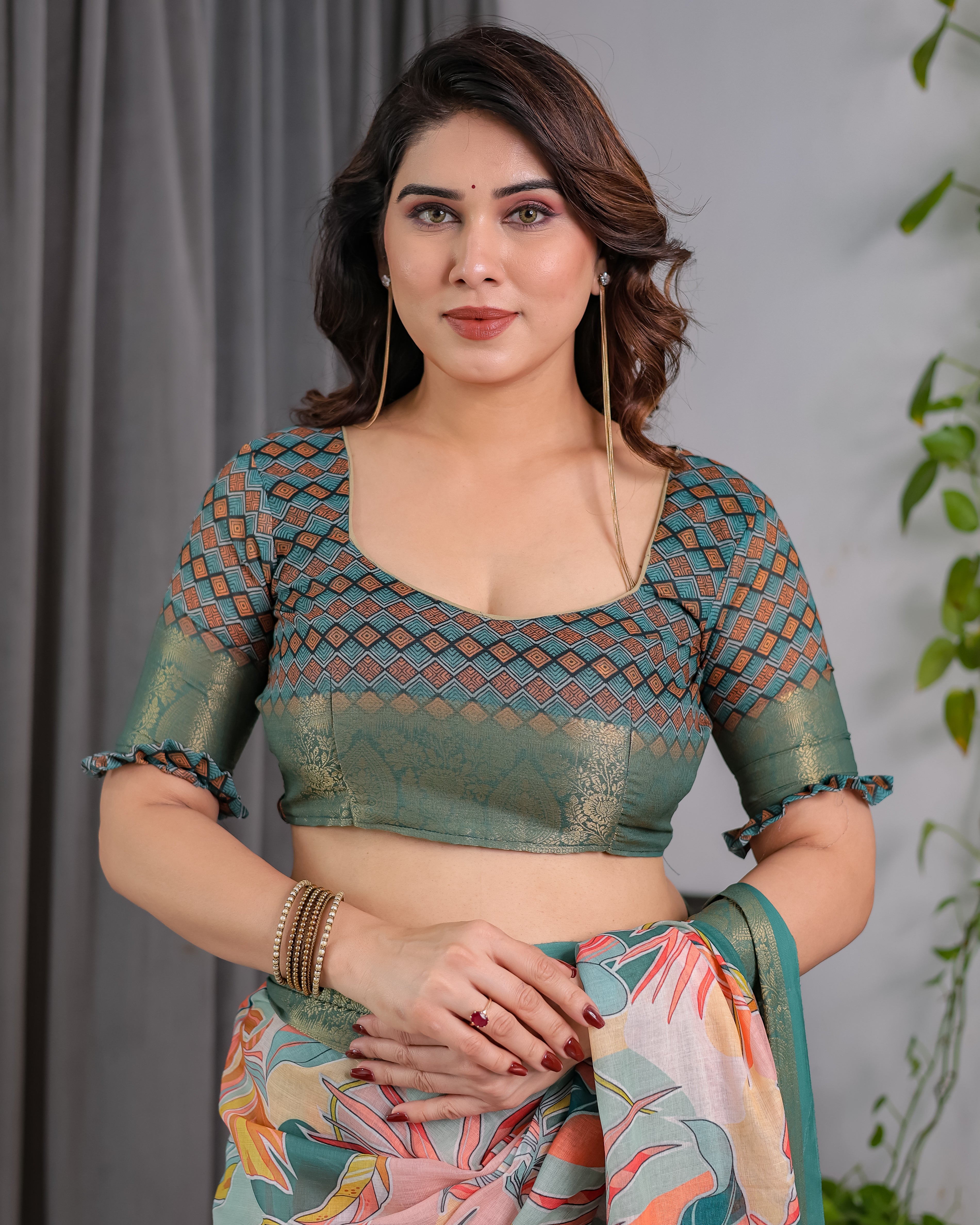 Fabrica Vibe Olive Green Tropical Printed Linen Blend Saree with Gold Zari Border