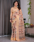 Fabrica Vibe Peach Printed Linen Blend Saree with Rich Gold Zari Border