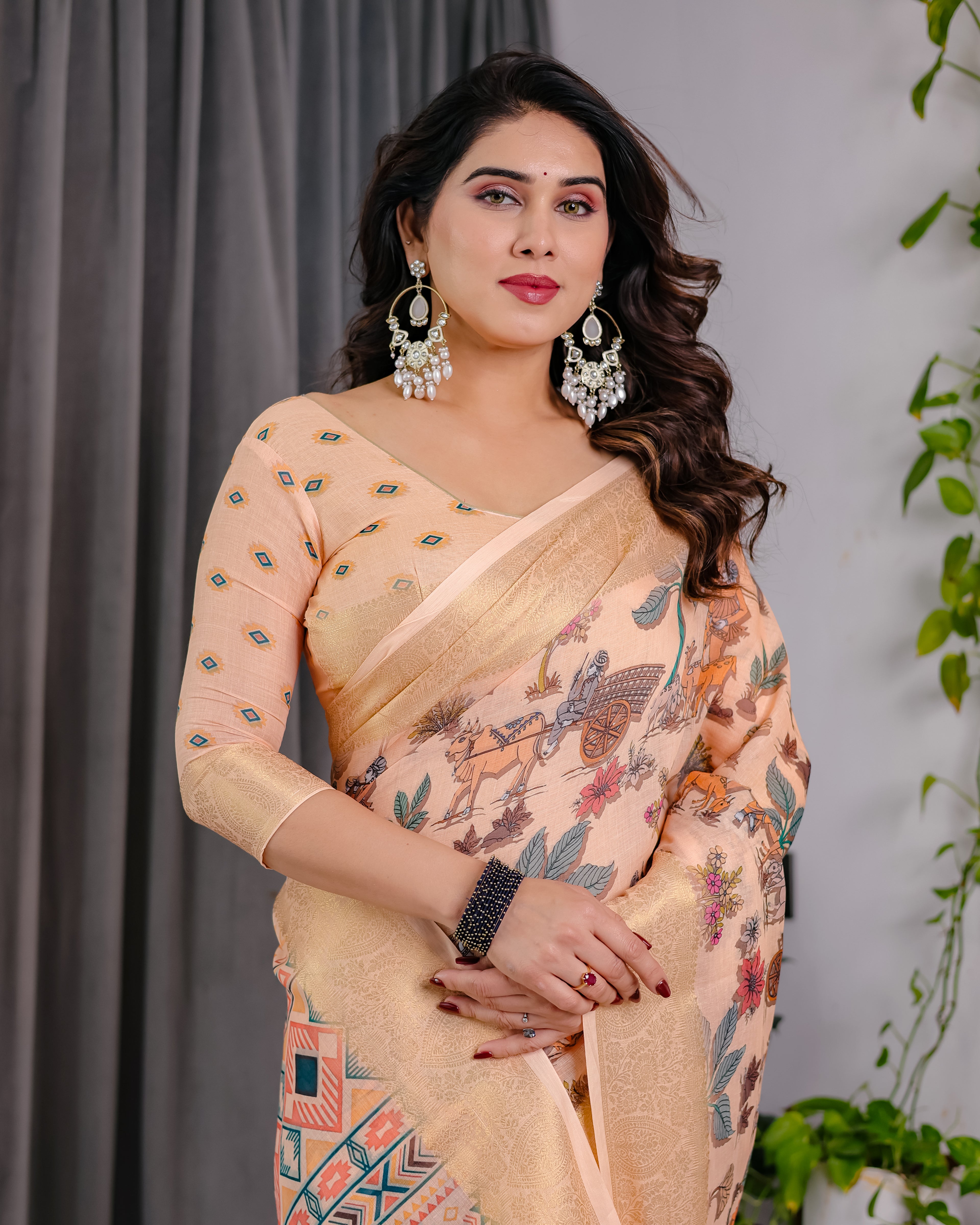 Fabrica Vibe Peach Printed Linen Blend Saree with Rich Gold Zari Border