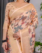 Fabrica Vibe Peach Printed Linen Blend Saree with Rich Gold Zari Border