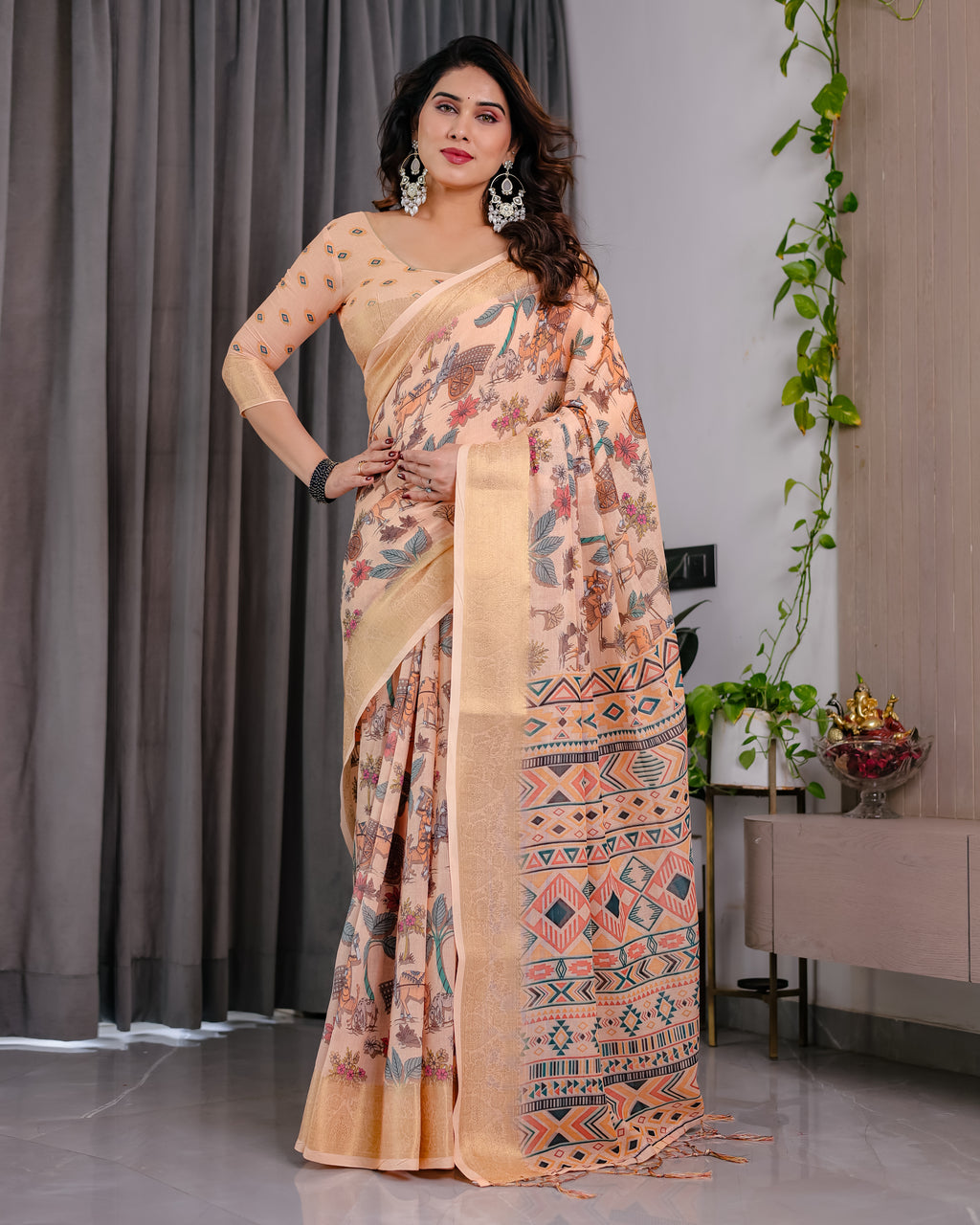 Fabrica Vibe Peach Printed Linen Blend Saree with Rich Gold Zari Border
