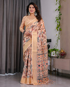 Fabrica Vibe Peach Printed Linen Blend Saree with Rich Gold Zari Border