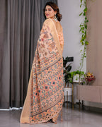 Fabrica Vibe Peach Printed Linen Blend Saree with Rich Gold Zari Border