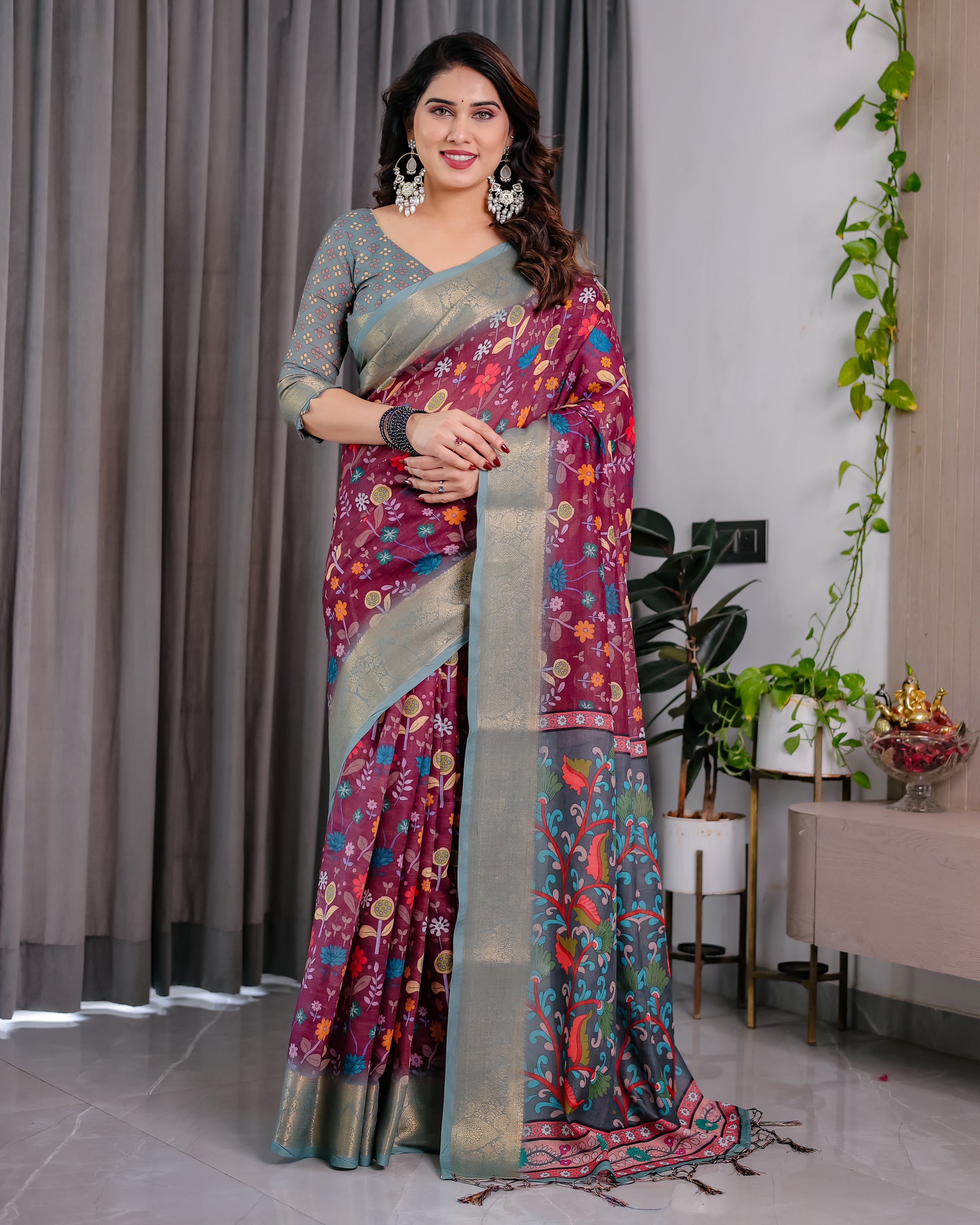 Fabrica Vibe Dusty Rose Floral Printed Linen Blend Saree with Zari Border & Designer Blouse