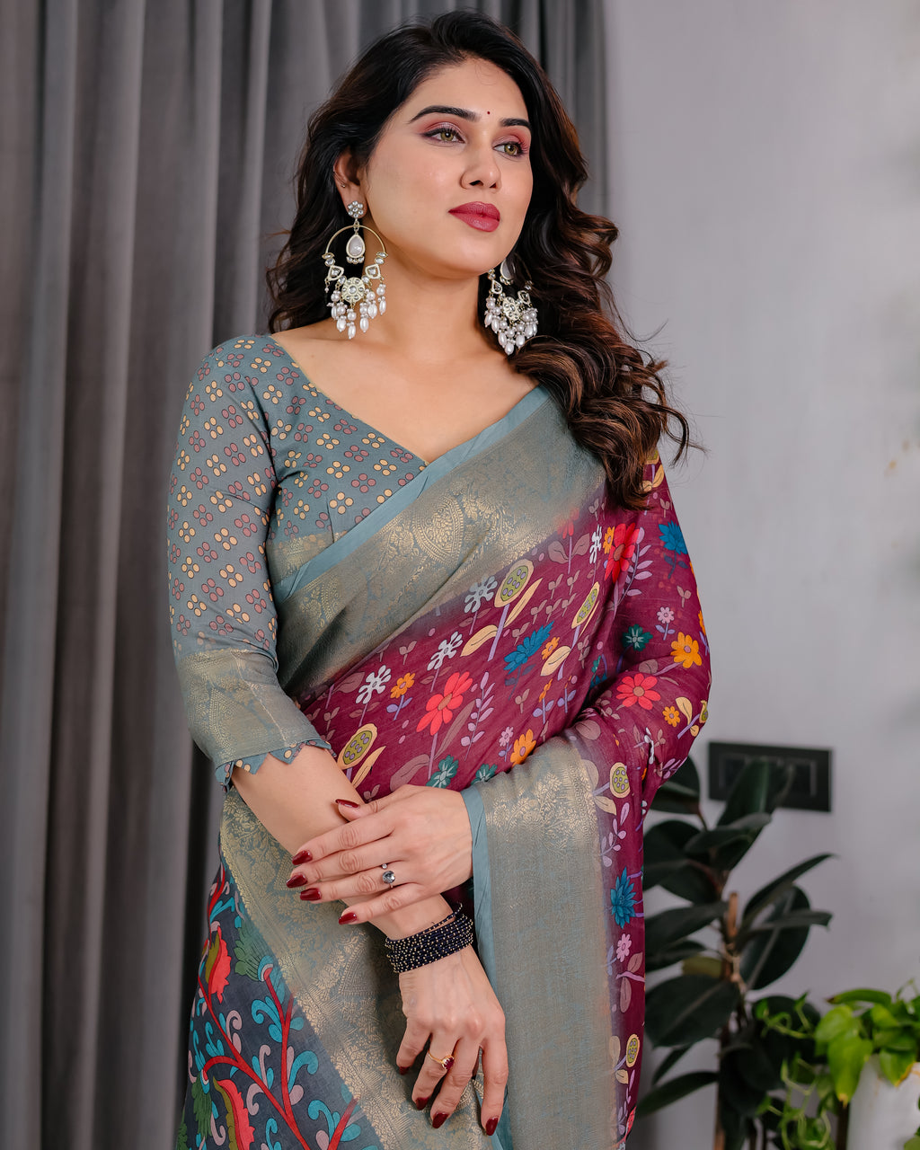 Fabrica Vibe Dusty Rose Floral Printed Linen Blend Saree with Zari Border & Designer Blouse