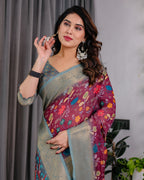 Fabrica Vibe Dusty Rose Floral Printed Linen Blend Saree with Zari Border & Designer Blouse