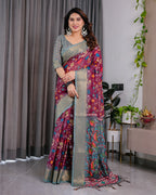 Fabrica Vibe Dusty Rose Floral Printed Linen Blend Saree with Zari Border & Designer Blouse