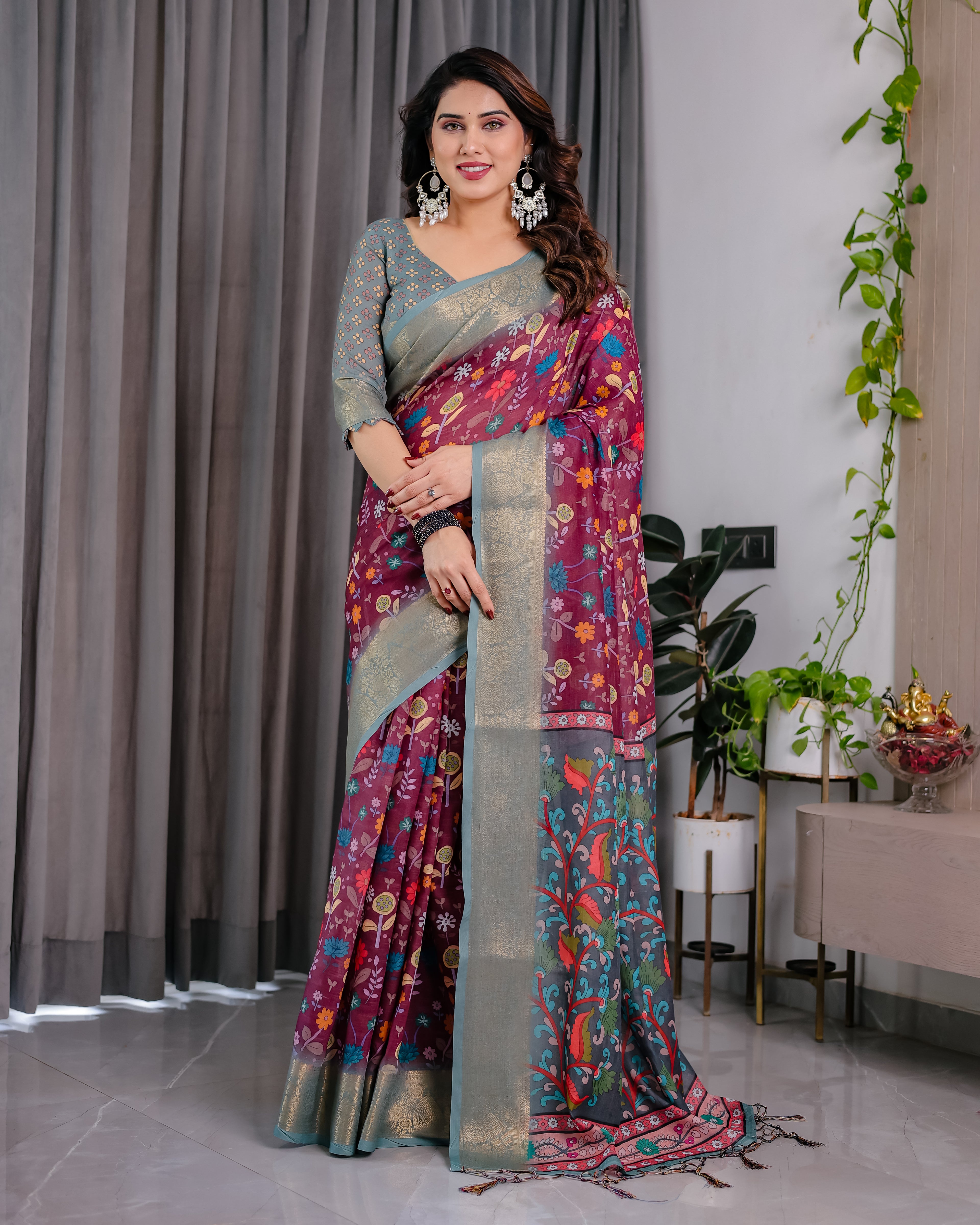 Fabrica Vibe Dusty Rose Floral Printed Linen Blend Saree with Zari Border & Designer Blouse