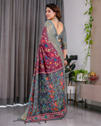 Fabrica Vibe Dusty Rose Floral Printed Linen Blend Saree with Zari Border & Designer Blouse
