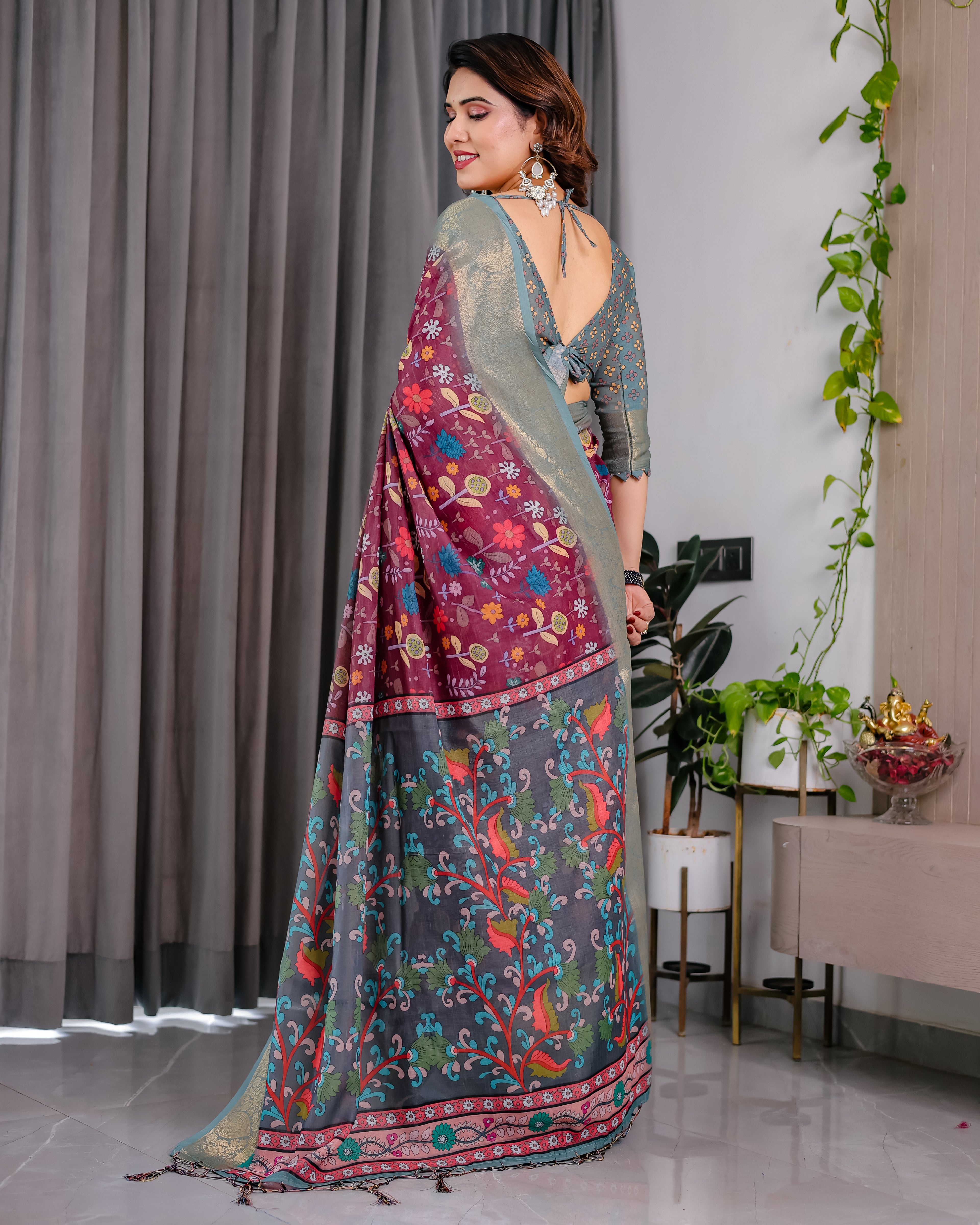 Fabrica Vibe Dusty Rose Floral Printed Linen Blend Saree with Zari Border & Designer Blouse