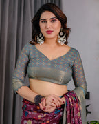 Fabrica Vibe Dusty Rose Floral Printed Linen Blend Saree with Zari Border & Designer Blouse
