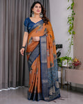 Fabrica Vibe Brown & Navy Blue Printed Linen Blend Saree with Artistic Heritage Motifs