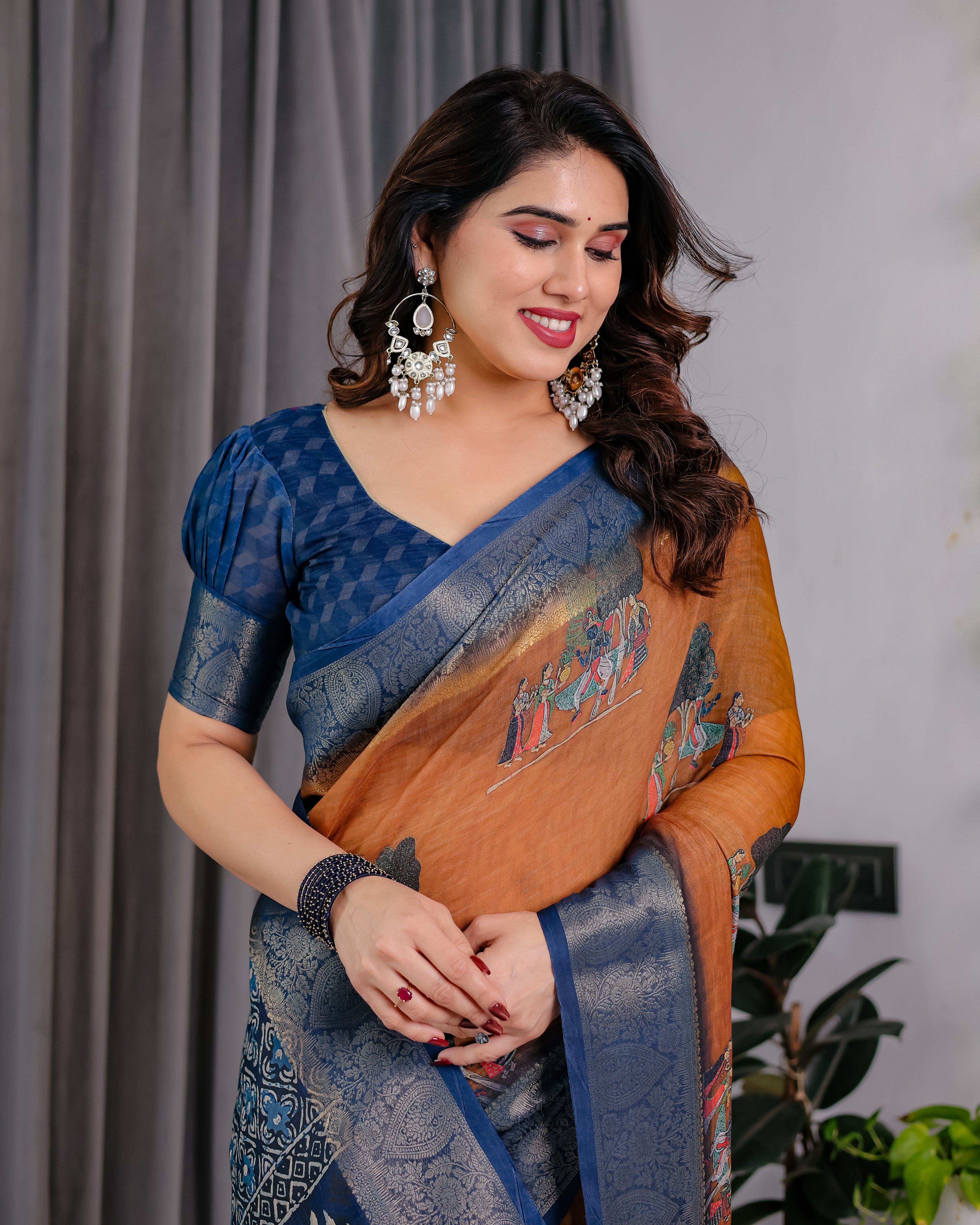 Fabrica Vibe Brown & Navy Blue Printed Linen Blend Saree with Artistic Heritage Motifs
