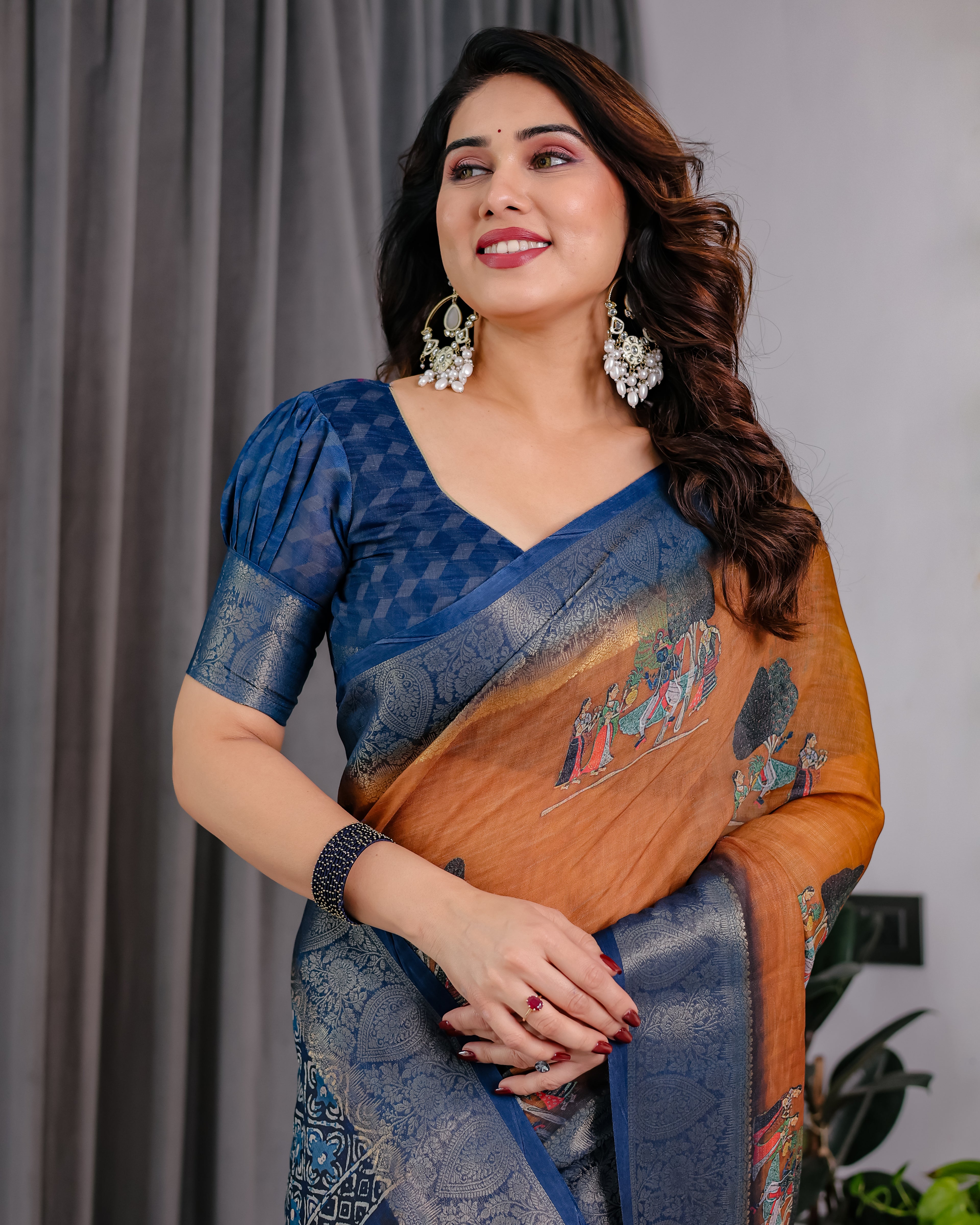 Fabrica Vibe Brown & Navy Blue Printed Linen Blend Saree with Artistic Heritage Motifs
