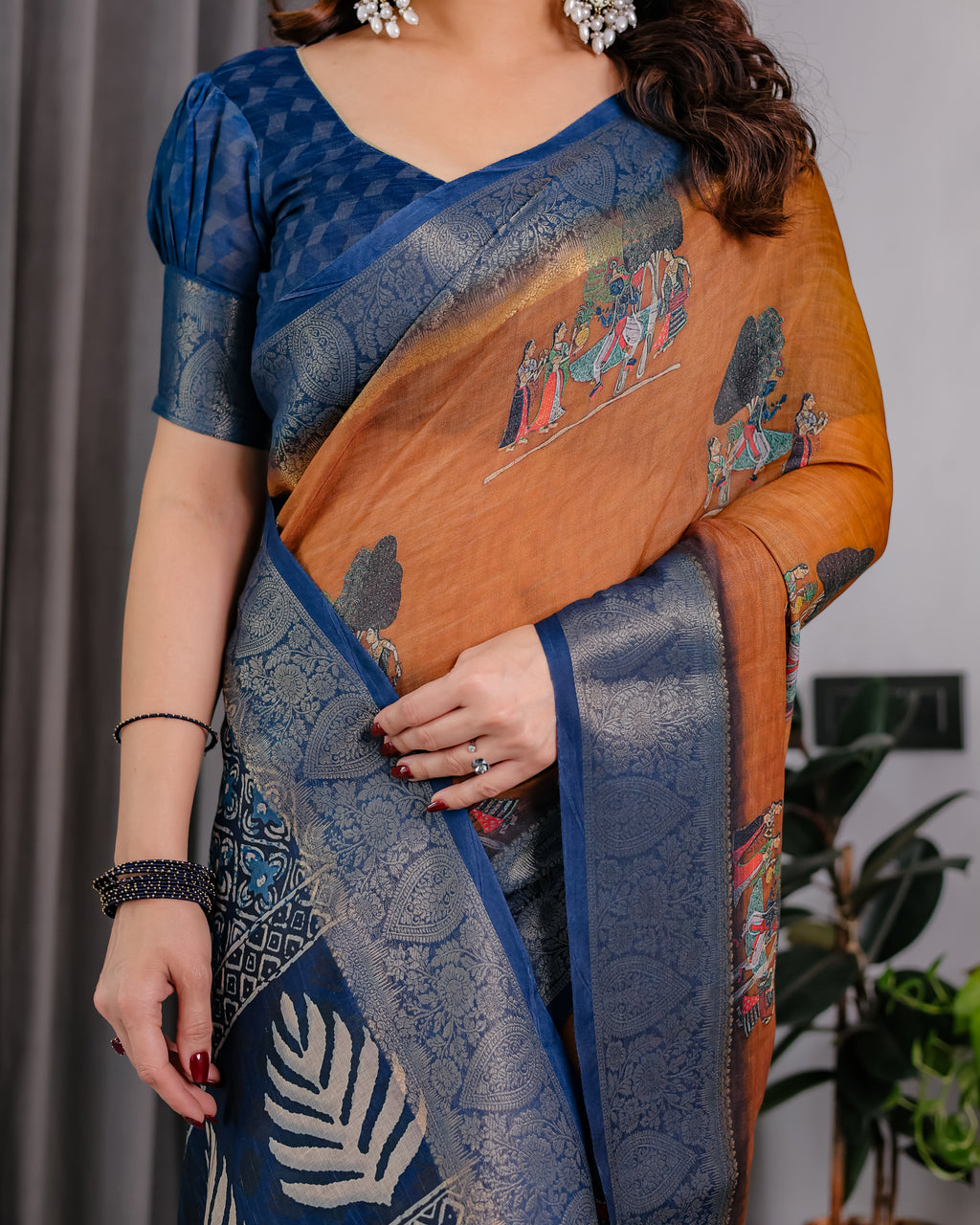 Fabrica Vibe Brown & Navy Blue Printed Linen Blend Saree with Artistic Heritage Motifs