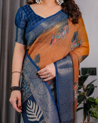 Fabrica Vibe Brown & Navy Blue Printed Linen Blend Saree with Artistic Heritage Motifs