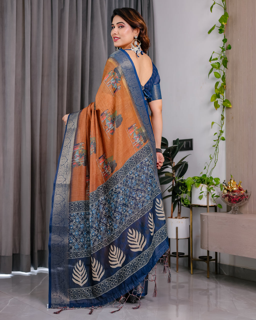Fabrica Vibe Brown & Navy Blue Printed Linen Blend Saree with Artistic Heritage Motifs