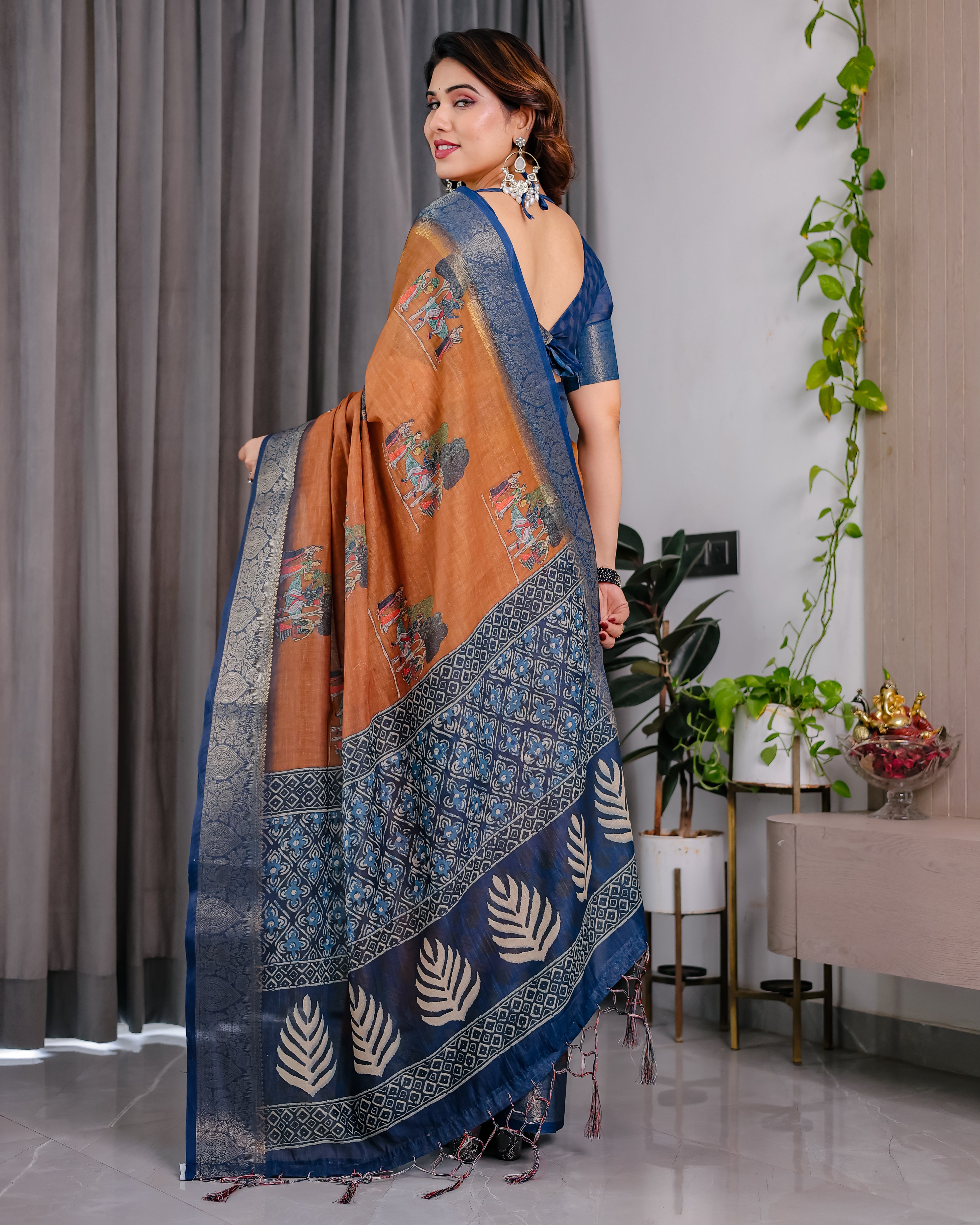Fabrica Vibe Brown & Navy Blue Printed Linen Blend Saree with Artistic Heritage Motifs