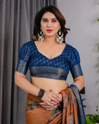 Fabrica Vibe Brown & Navy Blue Printed Linen Blend Saree with Artistic Heritage Motifs