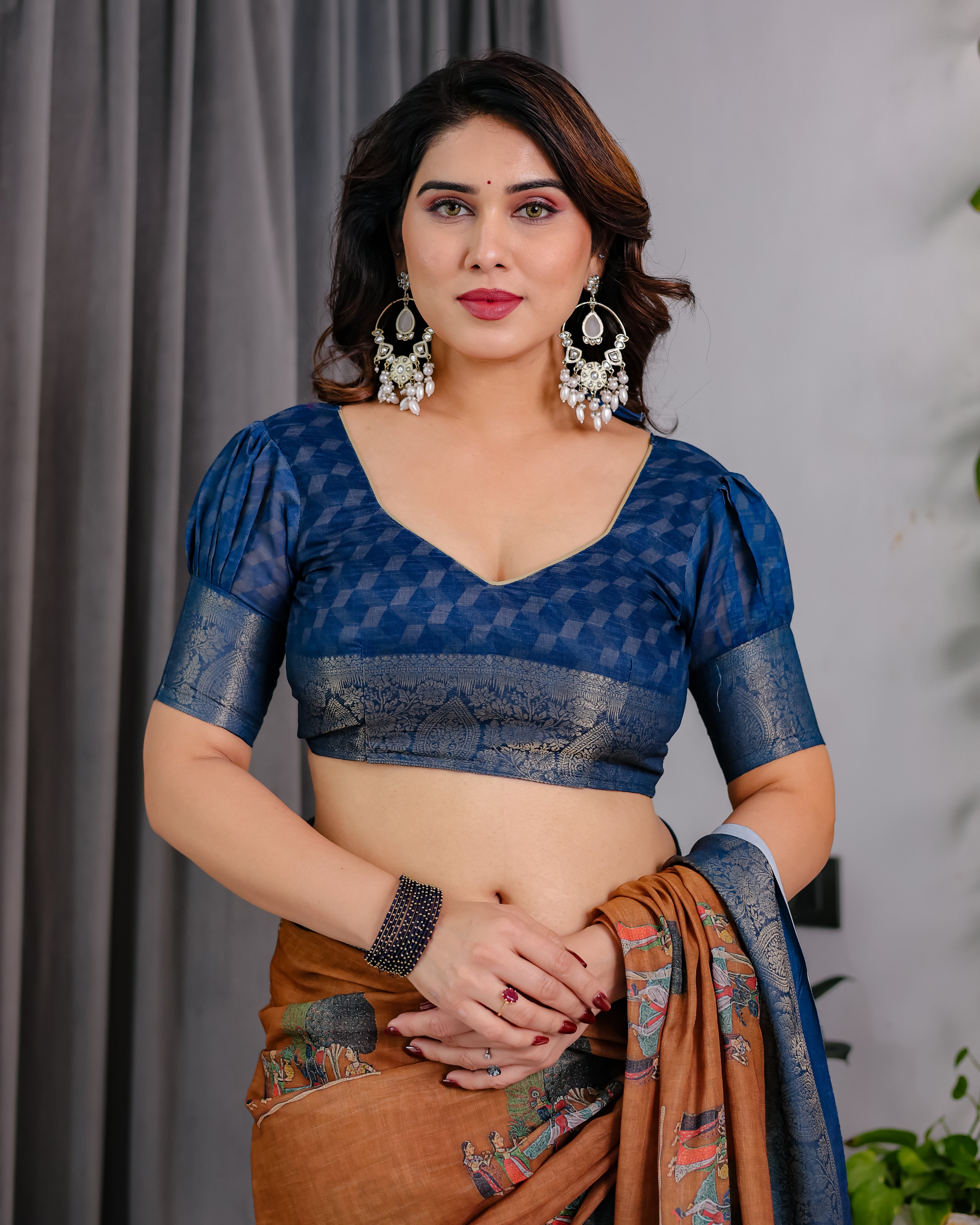 Fabrica Vibe Brown & Navy Blue Printed Linen Blend Saree with Artistic Heritage Motifs