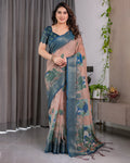 Fabrica Vibe Peacock Garden Printed Beige & Teal Blue Linen Blend Saree with Woven Border
