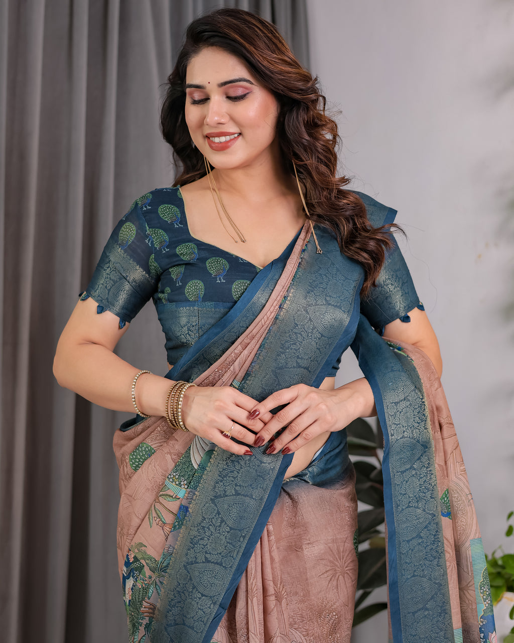 Fabrica Vibe Peacock Garden Printed Beige & Teal Blue Linen Blend Saree with Woven Border