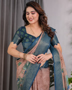 Fabrica Vibe Peacock Garden Printed Beige & Teal Blue Linen Blend Saree with Woven Border