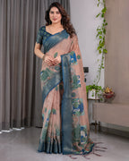 Fabrica Vibe Peacock Garden Printed Beige & Teal Blue Linen Blend Saree with Woven Border