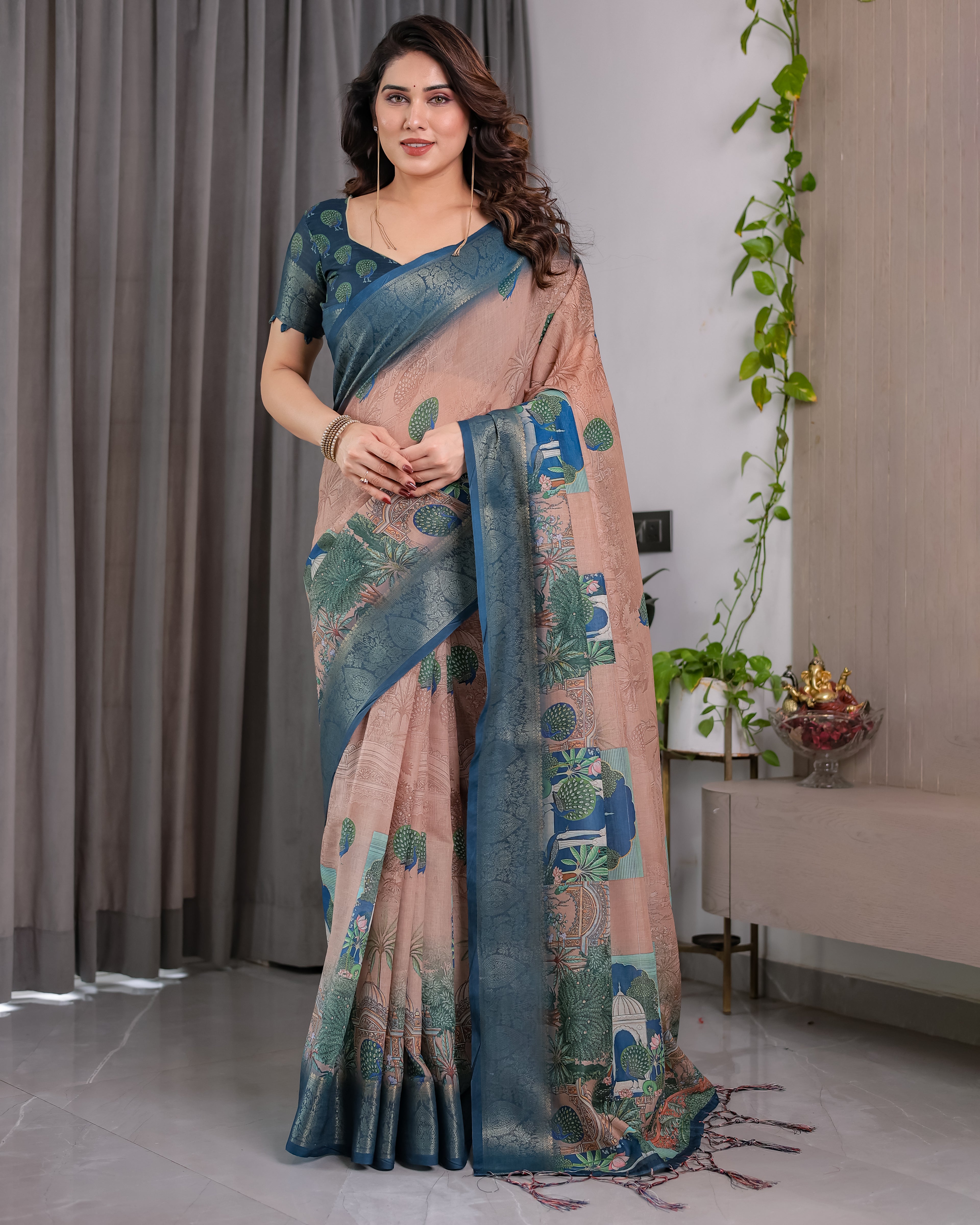 Fabrica Vibe Peacock Garden Printed Beige & Teal Blue Linen Blend Saree with Woven Border