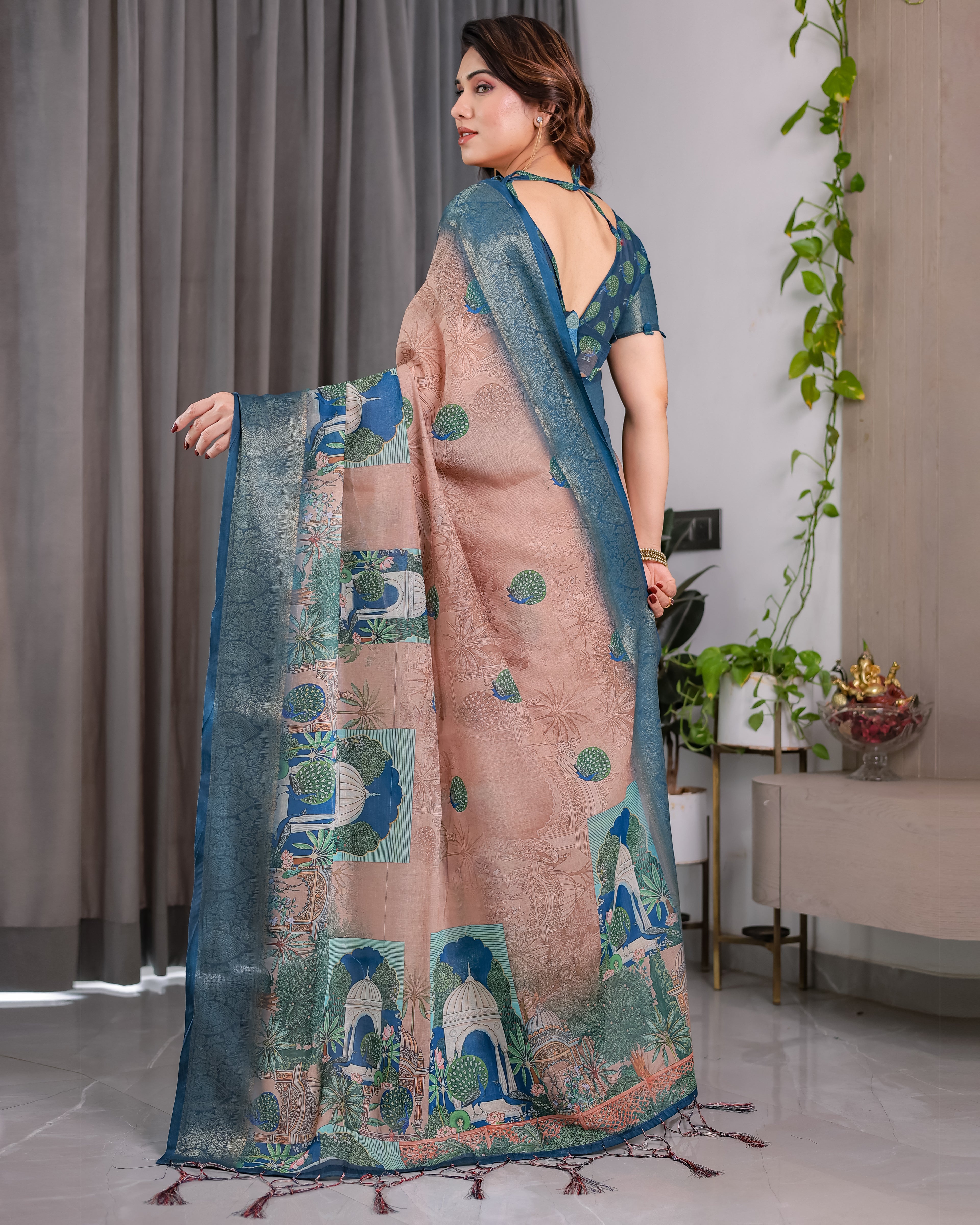Fabrica Vibe Peacock Garden Printed Beige & Teal Blue Linen Blend Saree with Woven Border
