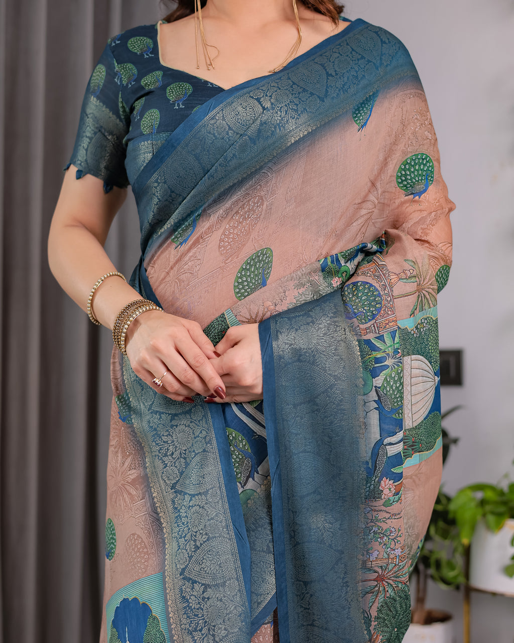 Fabrica Vibe Peacock Blue & Blush Pink Linen Handwoven Printed Saree