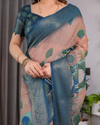 Fabrica Vibe Peacock Blue & Blush Pink Linen Handwoven Printed Saree