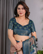 Fabrica Vibe Peacock Garden Printed Beige & Teal Blue Linen Blend Saree with Woven Border