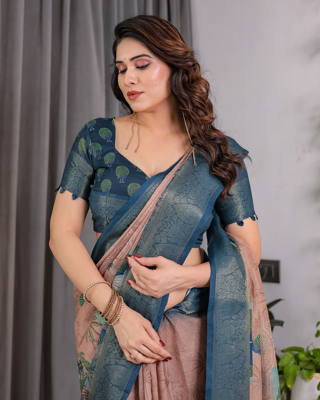 Fabrica Vibe Peacock Garden Printed Beige & Teal Blue Linen Blend Saree with Woven Border