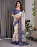 Fabrica Vibe White Floral Printed Linen Blend Saree with Royal Blue Woven Border