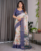 Fabrica Vibe White Floral Printed Linen Blend Saree with Royal Blue Woven Border