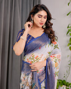 Fabrica Vibe White Floral Printed Linen Blend Saree with Royal Blue Woven Border
