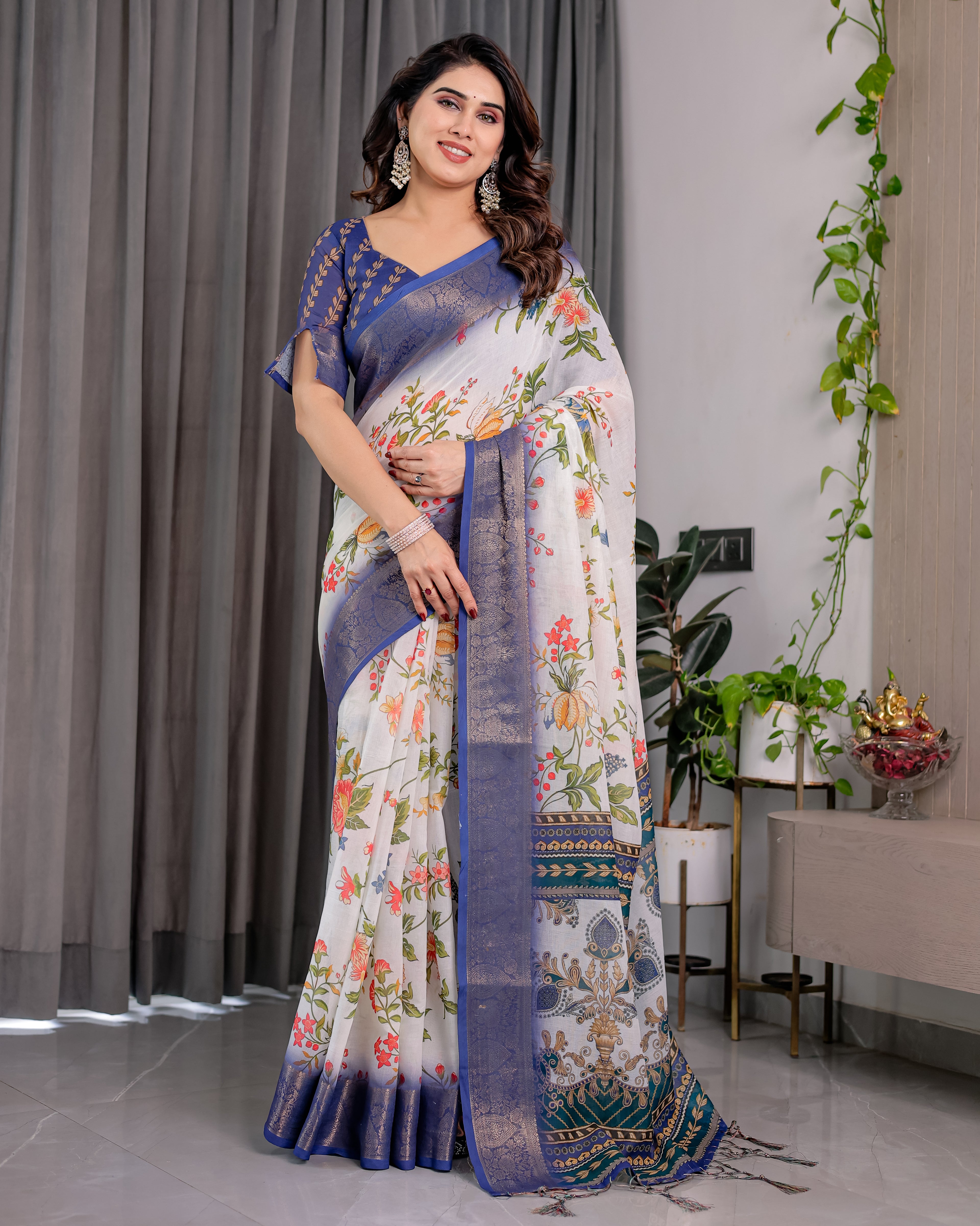 Fabrica Vibe White Floral Printed Linen Blend Saree with Royal Blue Woven Border