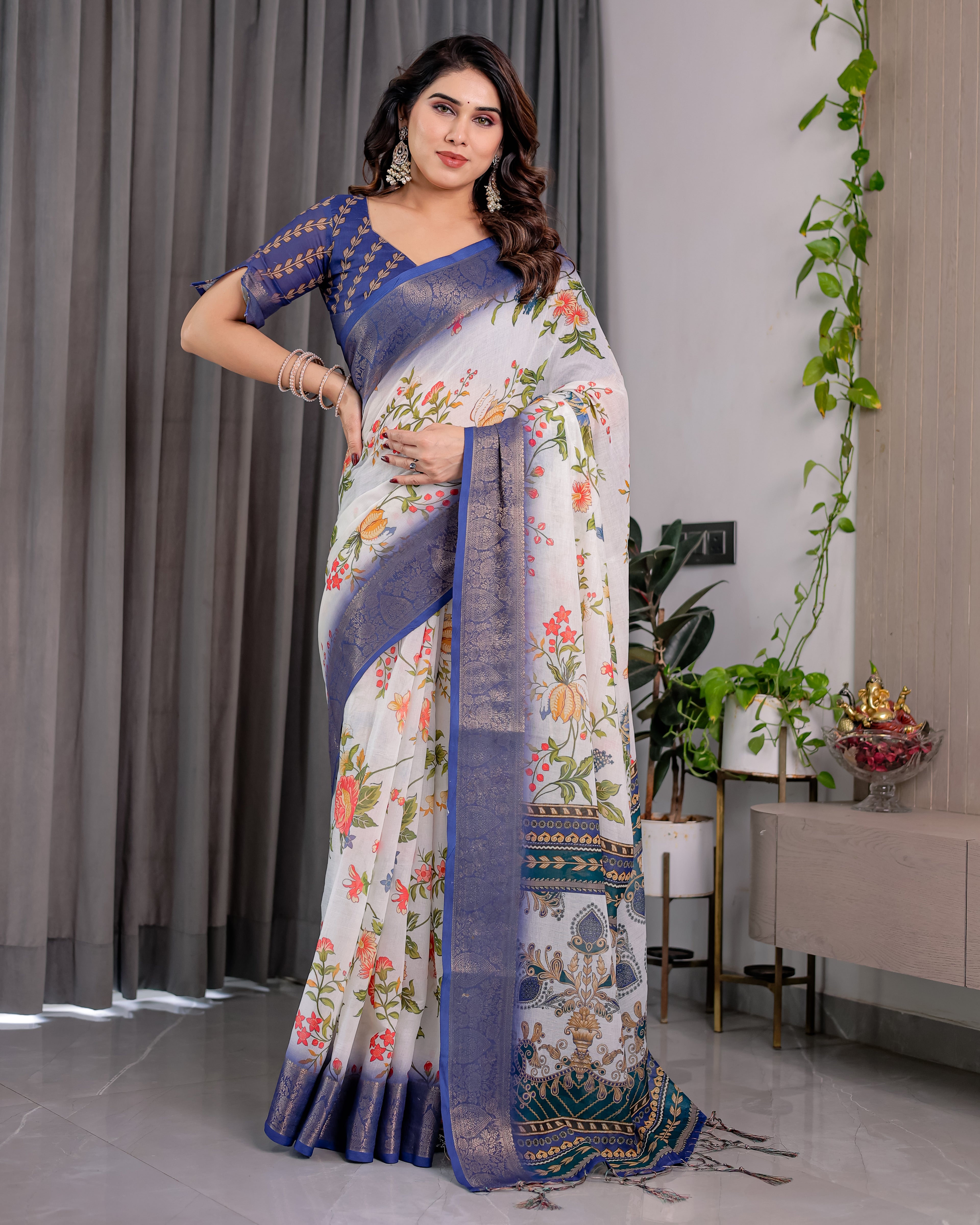 Fabrica Vibe White Floral Printed Linen Blend Saree with Royal Blue Woven Border