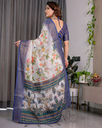 Fabrica Vibe White Floral Printed Linen Blend Saree with Royal Blue Woven Border