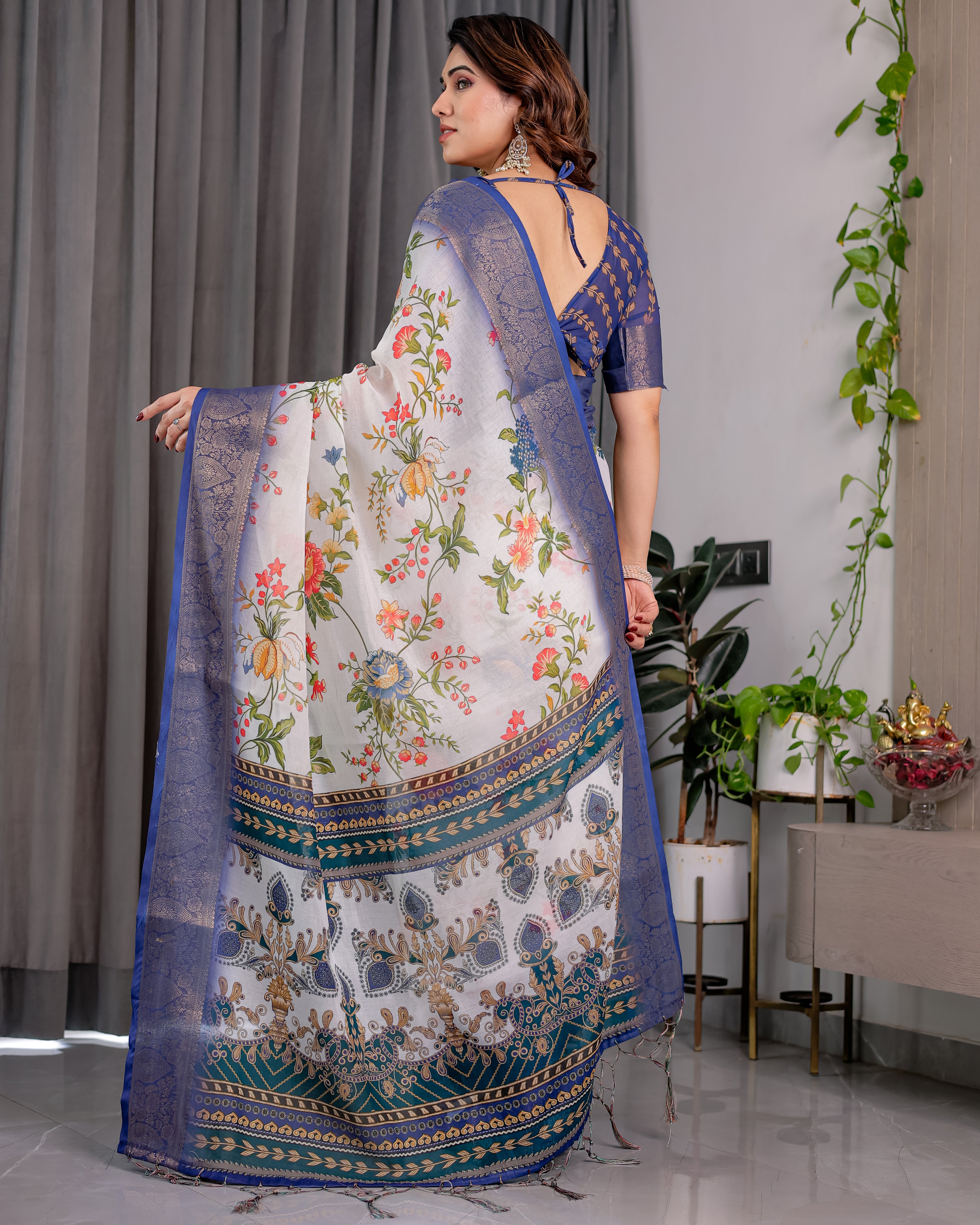Fabrica Vibe White Floral Printed Linen Blend Saree with Royal Blue Woven Border