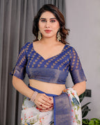Fabrica Vibe White Floral Printed Linen Blend Saree with Royal Blue Woven Border