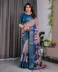 Fabrica Vibe Navy Blue Heritage Printed Linen Blend Saree with Chevron Pattern & Artistic Pallu