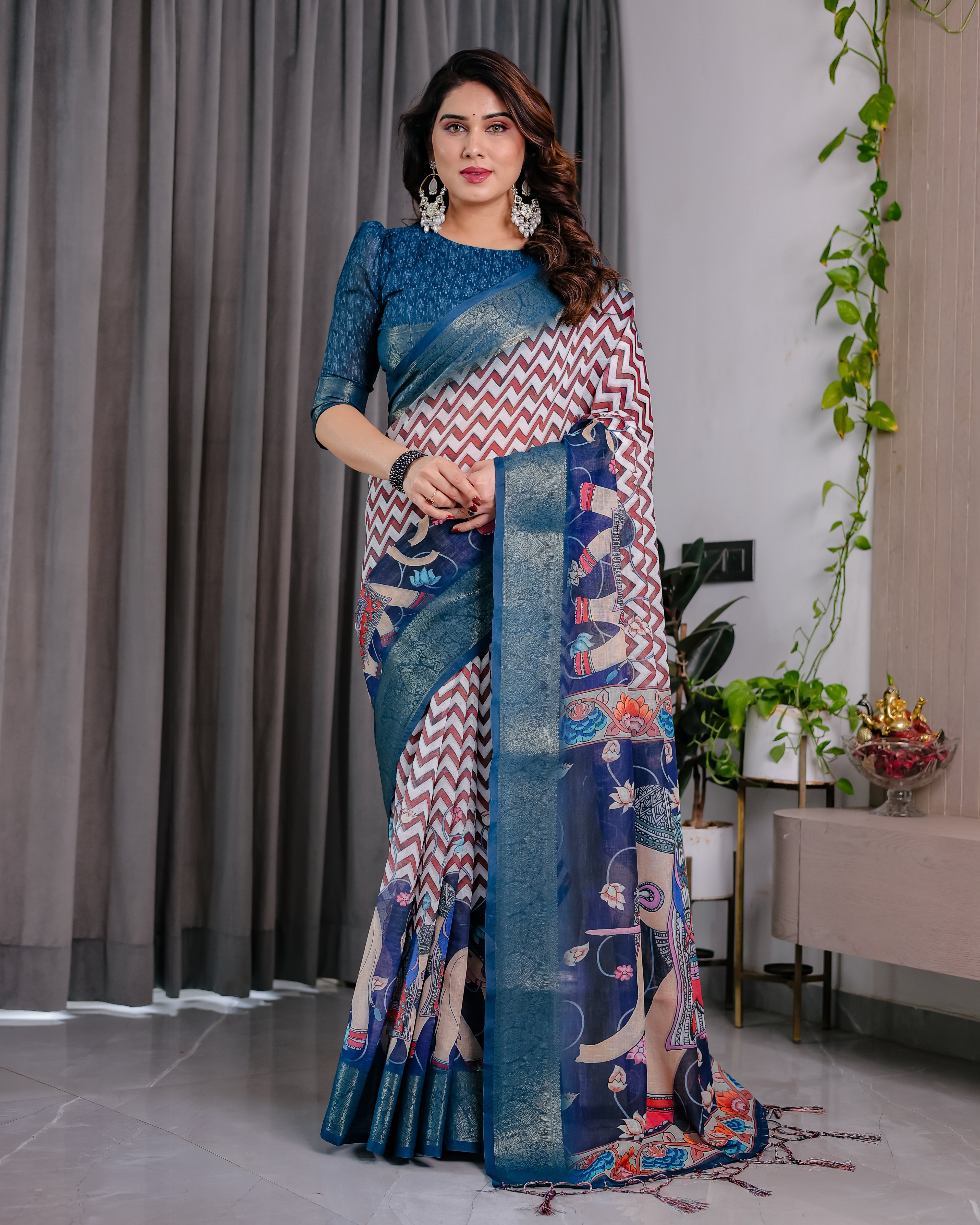 Fabrica Vibe Navy Blue Heritage Printed Linen Blend Saree with Chevron Pattern & Artistic Pallu