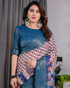 Fabrica Vibe Navy Blue Heritage Printed Linen Blend Saree with Chevron Pattern & Artistic Pallu